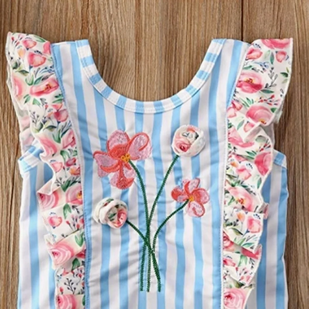 🐥Little girls Ruffle Flower Stripped Print Swimsuit